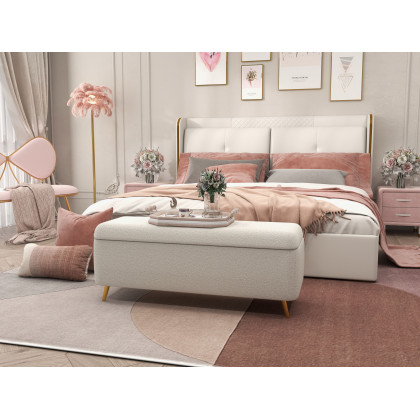 HMR - Modern Bedroom Boucle White Bench Upholstered Ottoman with Storage & Gold Legs