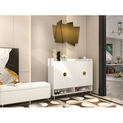 HMR - Modern Bedroom Boucle White Bench Upholstered Ottoman with Storage & Gold Legs