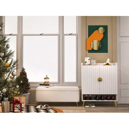 HMR - Modern Bedroom Boucle White Bench Upholstered Ottoman with Storage & Gold Legs