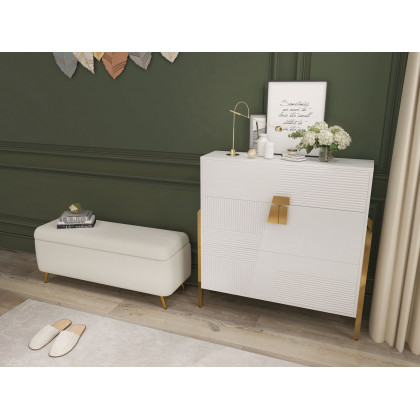 HMR - Modern Bedroom Boucle White Bench Upholstered Ottoman with Storage & Gold Legs