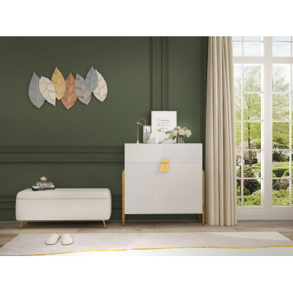HMR - Modern Bedroom Boucle White Bench Upholstered Ottoman with Storage & Gold Legs