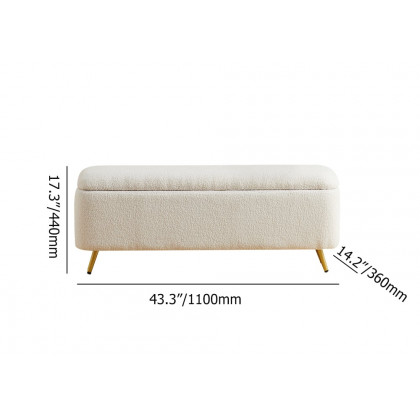 HMR - Modern Bedroom Boucle White Bench Upholstered Ottoman with Storage & Gold Legs