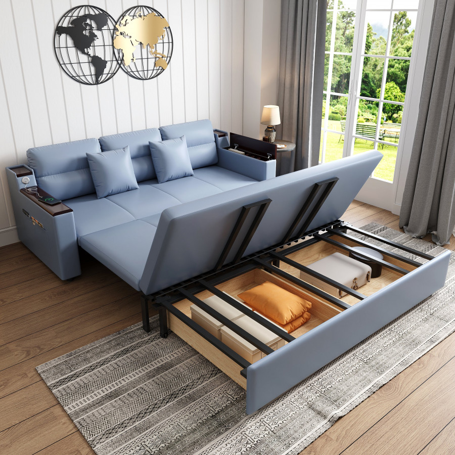 HMR 83" King 3-Seater Sleeper Sofa with Trundle & USB Port - Blue, Leath-Aire