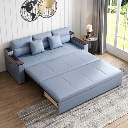HMR 83" King 3-Seater Sleeper Sofa with Trundle & USB Port - Blue, Leath-Aire