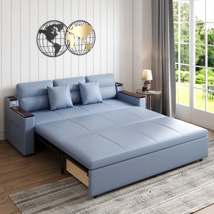 HMR 83" King 3-Seater Sleeper Sofa with Trundle & USB Port - Blue, Leath-Aire