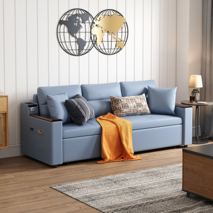 HMR 83" King 3-Seater Sleeper Sofa with Trundle & USB Port - Blue, Leath-Aire