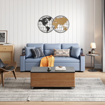 HMR 83" King 3-Seater Sleeper Sofa with Trundle & USB Port - Blue, Leath-Aire