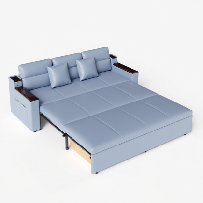 HMR 83" King 3-Seater Sleeper Sofa with Trundle & USB Port - Blue, Leath-Aire