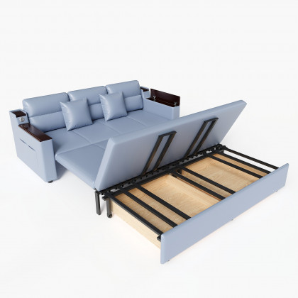 HMR 83" King 3-Seater Sleeper Sofa with Trundle & USB Port - Blue, Leath-Aire