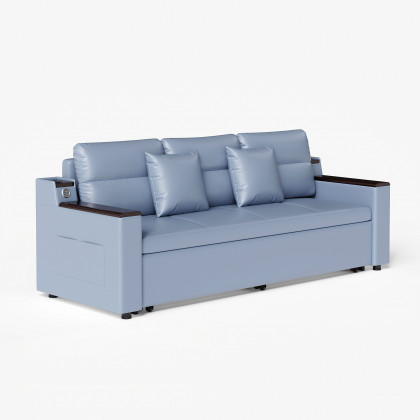 HMR 83" King 3-Seater Sleeper Sofa with Trundle & USB Port - Blue, Leath-Aire