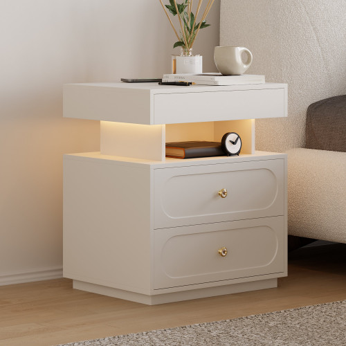 HMR Floating 3-Drawer LED Smart Nightstand with Light - White, Set Of 2