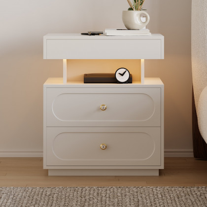 HMR Floating 3-Drawer LED Smart Nightstand with Light - White, Set Of 2