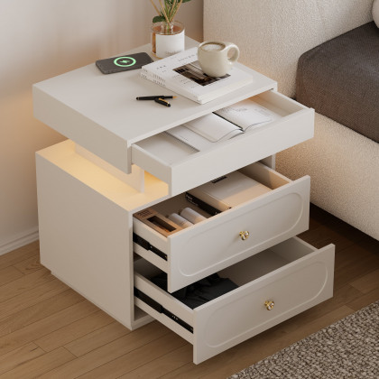 HMR Floating 3-Drawer LED Smart Nightstand with Light - White, Set Of 2