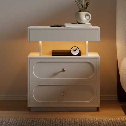 HMR Floating 3-Drawer LED Smart Nightstand with Light - White, Set Of 2