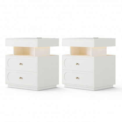 HMR Floating 3-Drawer LED Smart Nightstand with Light - White, Set Of 2