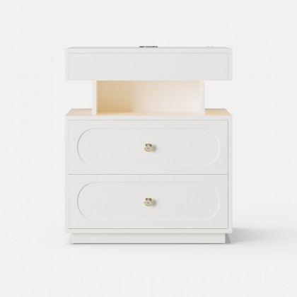 HMR Floating 3-Drawer LED Smart Nightstand with Light - White, Set Of 2