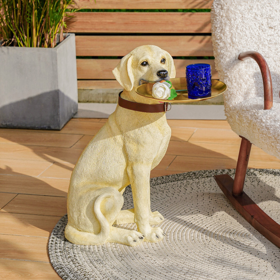 HMR - Modern Beige Resin Dog Sculpture Cute End Side Table with Stainless Steel Storage Tray