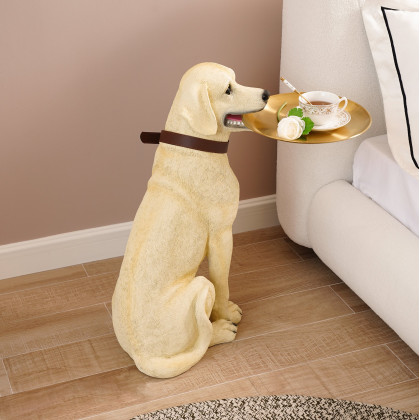 HMR - Modern Beige Resin Dog Sculpture Cute End Side Table with Stainless Steel Storage Tray
