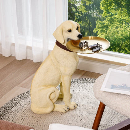 HMR - Modern Beige Resin Dog Sculpture Cute End Side Table with Stainless Steel Storage Tray