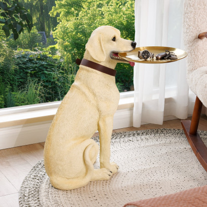 HMR - Modern Beige Resin Dog Sculpture Cute End Side Table with Stainless Steel Storage Tray