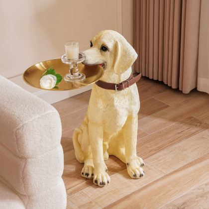 HMR - Modern Beige Resin Dog Sculpture Cute End Side Table with Stainless Steel Storage Tray