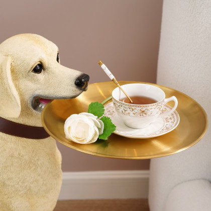 HMR - Modern Beige Resin Dog Sculpture Cute End Side Table with Stainless Steel Storage Tray