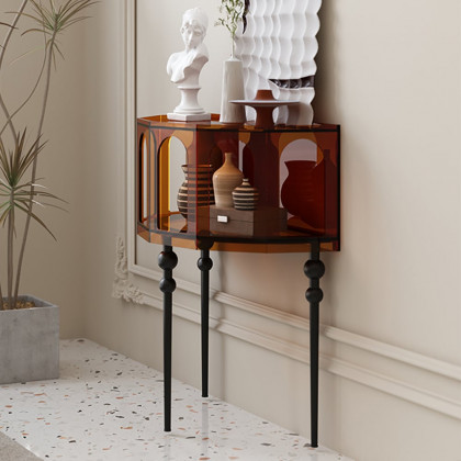 HMR - 37" Brown Acrylic Demilune Console Table Open Storage Mid Century Modern Entryway Table