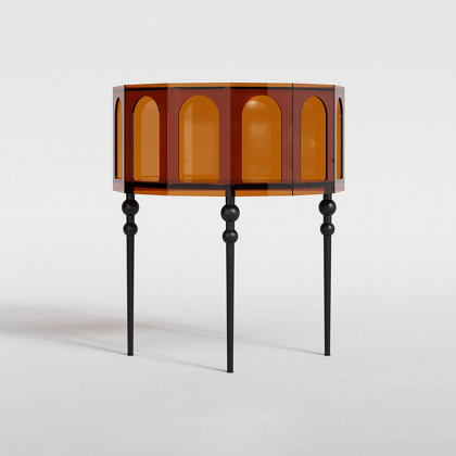 HMR - 37" Brown Acrylic Demilune Console Table Open Storage Mid Century Modern Entryway Table
