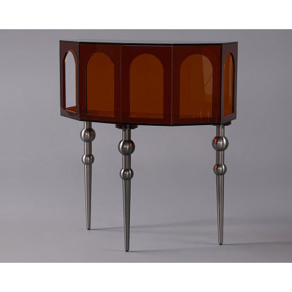 HMR - 37" Brown Acrylic Demilune Console Table Open Storage Mid Century Modern Entryway Table