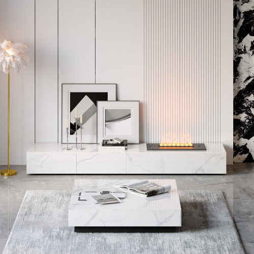 HMR Sintered Stone Electric Fireplace Humidifier TV Stand & 39" Coffee Table Set - White, 86.6"W x 15.7"D x 10"H