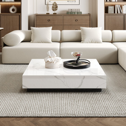 HMR Sintered Stone Electric Fireplace Humidifier TV Stand & 39" Coffee Table Set - White, 86.6"W x 15.7"D x 10"H