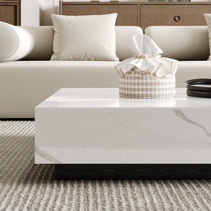 HMR Sintered Stone Electric Fireplace Humidifier TV Stand & 39" Coffee Table Set - White, 86.6"W x 15.7"D x 10"H