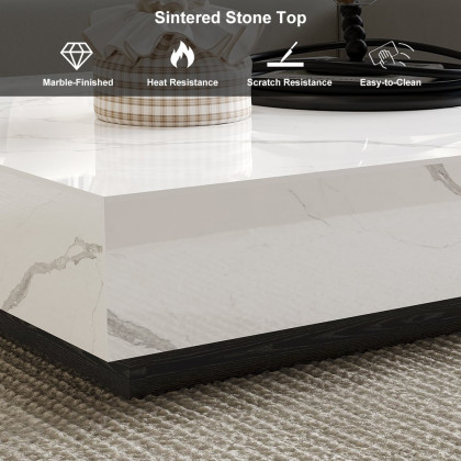HMR Sintered Stone Electric Fireplace Humidifier TV Stand & 39" Coffee Table Set - White, 86.6"W x 15.7"D x 10"H
