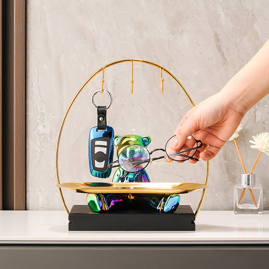 HMR - Colorful Electroplating Ceramic Trendy Bear Entrance Storage Tray With Hooks Key Holder