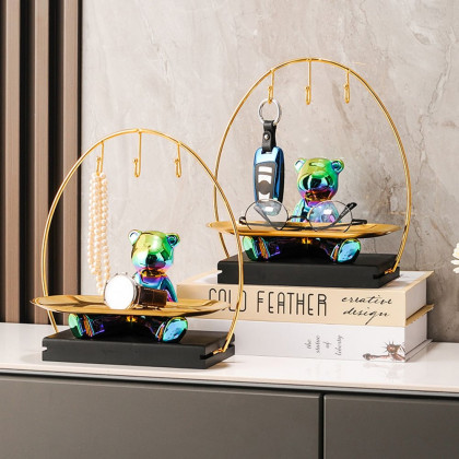 HMR - Colorful Electroplating Ceramic Trendy Bear Entrance Storage Tray With Hooks Key Holder