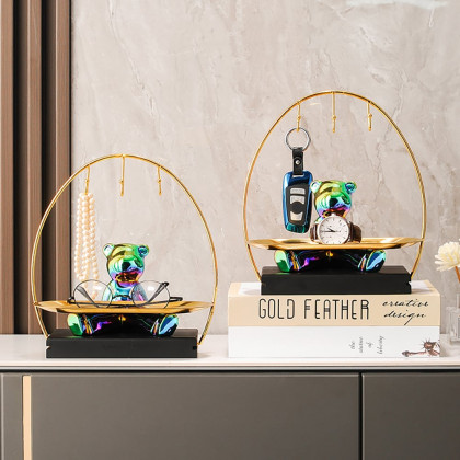 HMR - Colorful Electroplating Ceramic Trendy Bear Entrance Storage Tray With Hooks Key Holder
