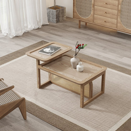 HMR - Modern 2 Piece Nesting Rattan Wood Coffee Table Set in Natural