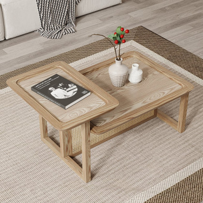 HMR - Modern 2 Piece Nesting Rattan Wood Coffee Table Set in Natural