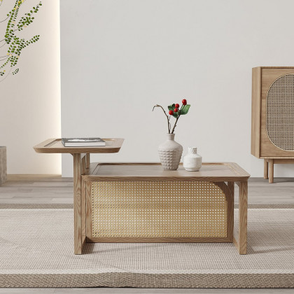HMR - Modern 2 Piece Nesting Rattan Wood Coffee Table Set in Natural