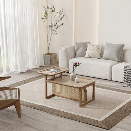 HMR - Modern 2 Piece Nesting Rattan Wood Coffee Table Set in Natural