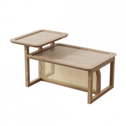 HMR - Modern 2 Piece Nesting Rattan Wood Coffee Table Set in Natural