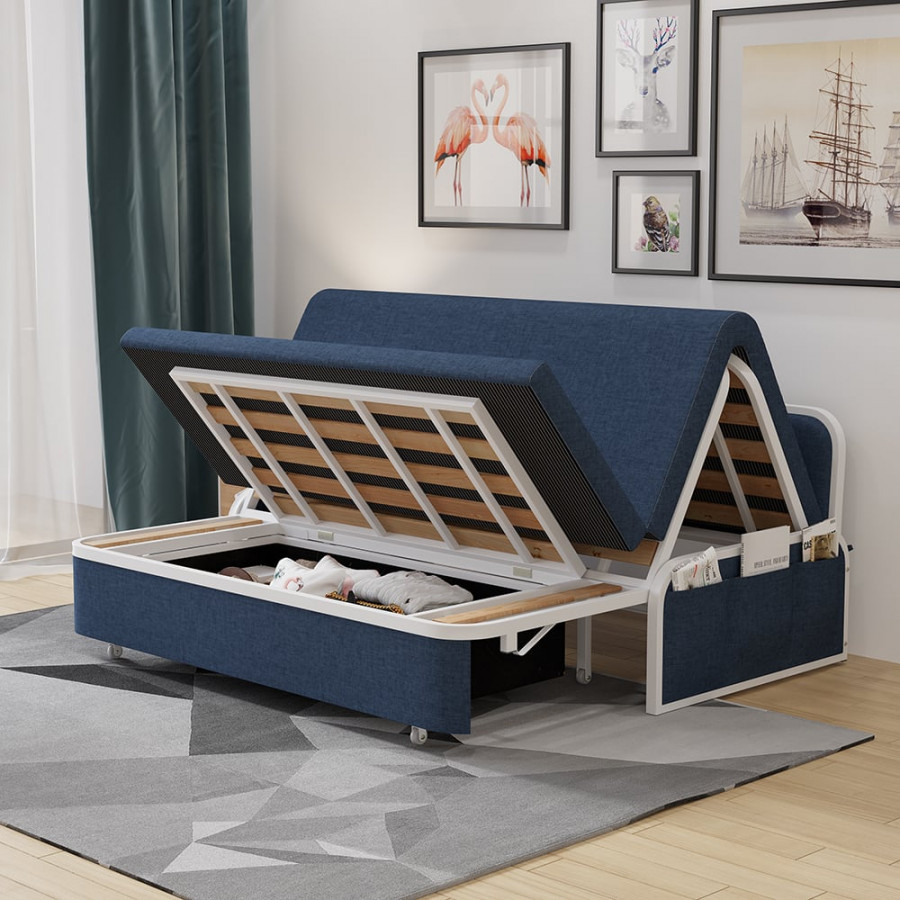 HMR Modern 2-Seater Linen Sleeper Sofa with Trundle - Blue, Queen Size