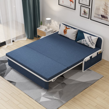 HMR Modern 2-Seater Linen Sleeper Sofa with Trundle - Blue, Queen Size