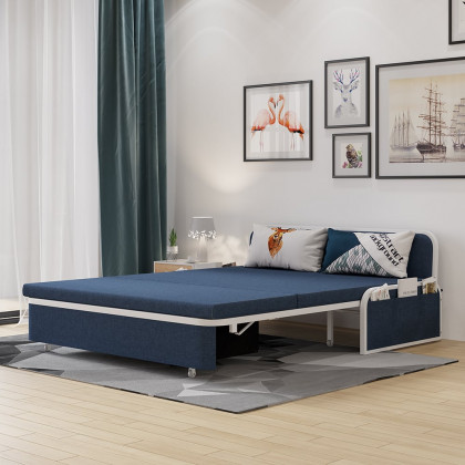 HMR Modern 2-Seater Linen Sleeper Sofa with Trundle - Blue, Queen Size