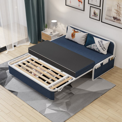 HMR Modern 2-Seater Linen Sleeper Sofa with Trundle - Blue, Queen Size