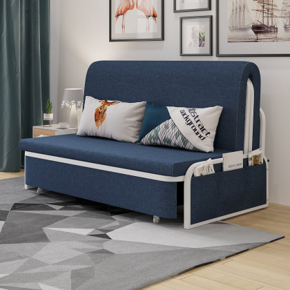HMR Modern 2-Seater Linen Sleeper Sofa with Trundle - Blue, Queen Size
