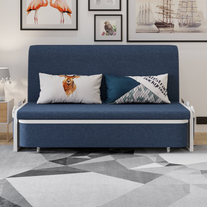 HMR Modern 2-Seater Linen Sleeper Sofa with Trundle - Blue, Queen Size
