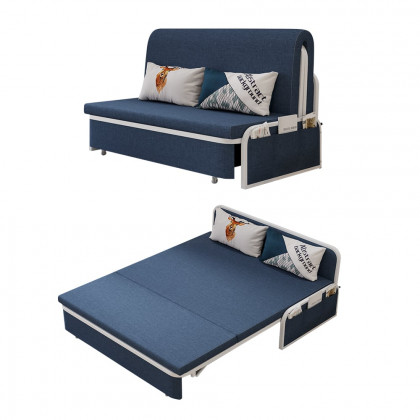 HMR Modern 2-Seater Linen Sleeper Sofa with Trundle - Blue, Queen Size