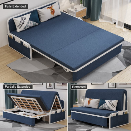 HMR Modern 2-Seater Linen Sleeper Sofa with Trundle - Blue, Queen Size