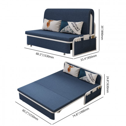 HMR Modern 2-Seater Linen Sleeper Sofa with Trundle - Blue, Queen Size